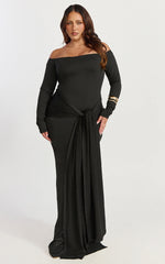 Judith Maxi Dress - Boat Neck Backless Tie Front Long Sleeve Jersey Dress in Black