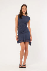 Luck & Trouble Sammy Off Shoulder Asymmetrical Mini Dress Slate