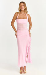 Almarie Midi Dress - Halter Neck Mesh Dress in Pink