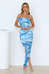 Style On Point Off Shoulder Mesh Maxi Dress Blue