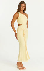 Mandy Midi Dress - Knot Detail Cut Out Mesh Dress in Lemon