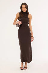 Perfect Stranger Havana High Neck Open Back Maxi Dress Brown