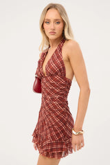 Perfect Stranger Mahli Mesh Halter Mini Dress Brown Check