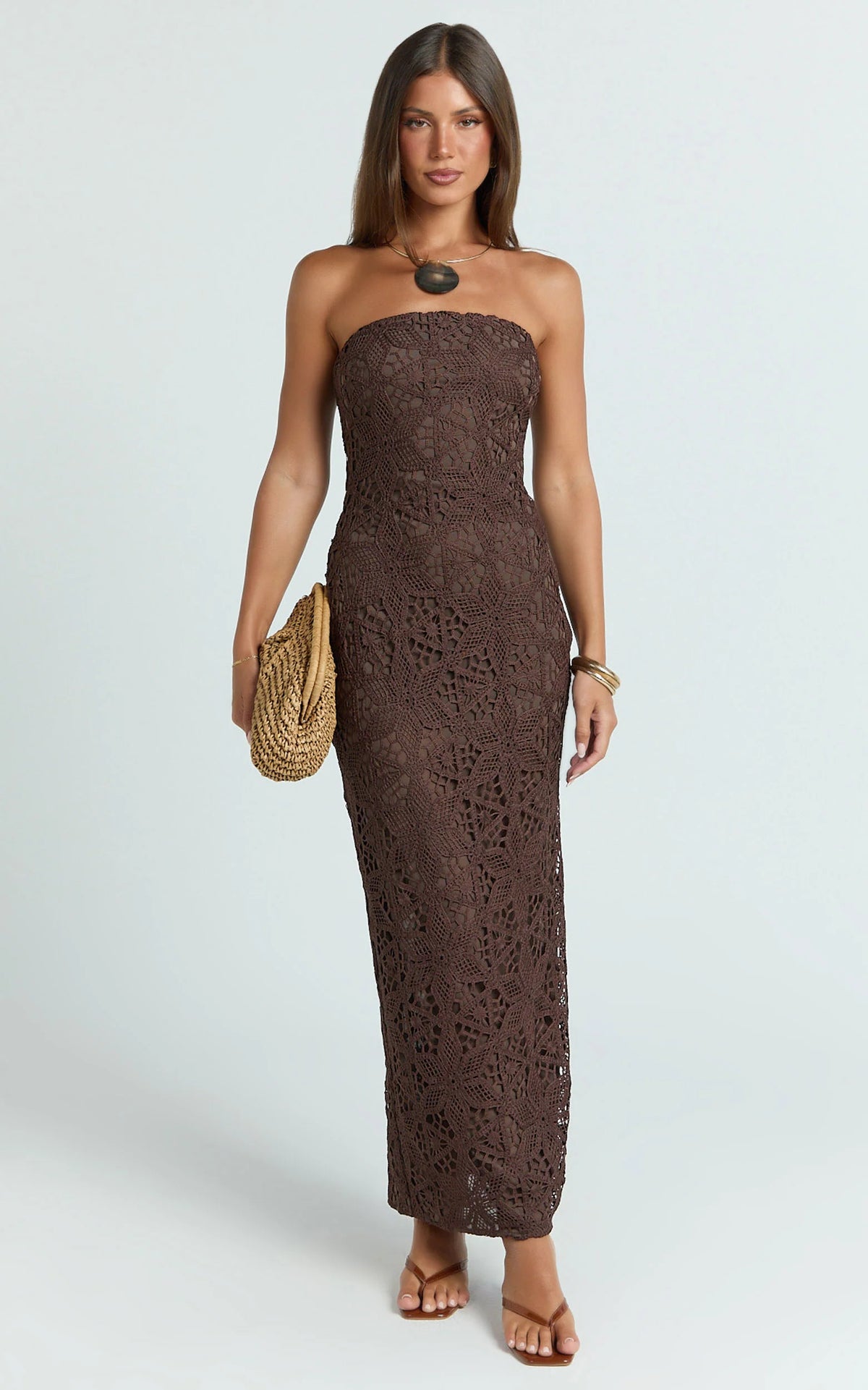Tamika Midi Dress - Crochet Strapless Column Dress in Chocolate