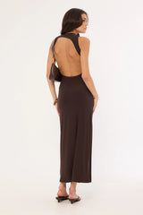 Perfect Stranger Havana High Neck Open Back Maxi Dress Brown
