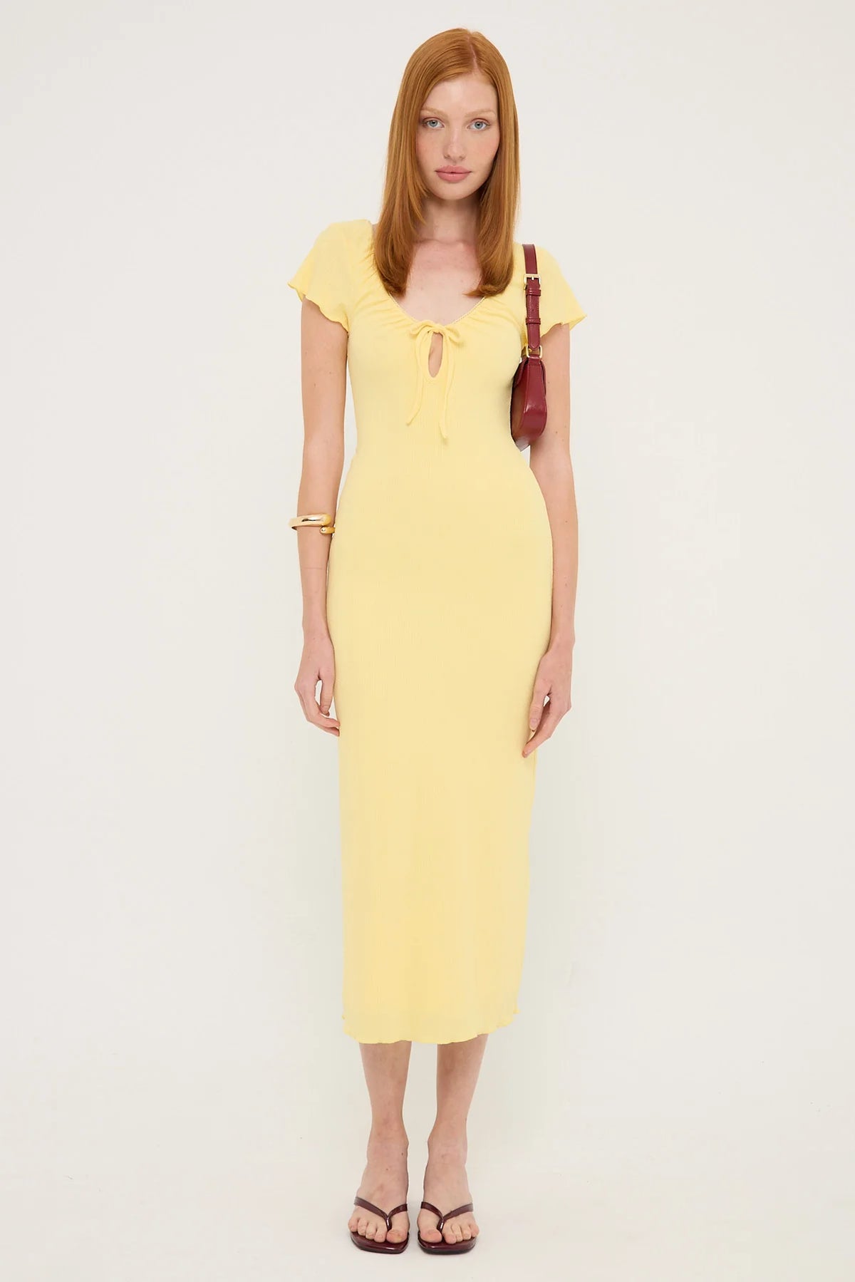 Luck & Trouble Dala Rib Scoop Neck Midi Dress Lemon