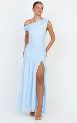 Oceane Maxi Dress - Draped Off Shoulder Gathered Bodice Dress in Soft Blue
