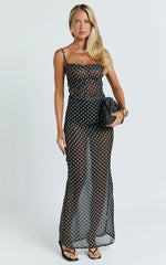 Dalton Maxi Dress - Cowl Neck Tie Back Dress in Black/White Polkadot