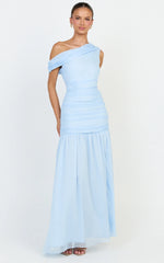 Oceane Maxi Dress - Draped Off Shoulder Gathered Bodice Dress in Soft Blue