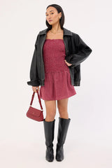 Luck & Trouble Andie Shirred Mini Dress Burgundy Check