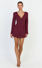 Lavender Mini Dress - Wide Neck Button Down Blazer Dress in Wine