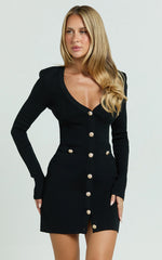 Nikka Mini Dress - Long Sleeve V Neck Bodycon Knit Dress in Black