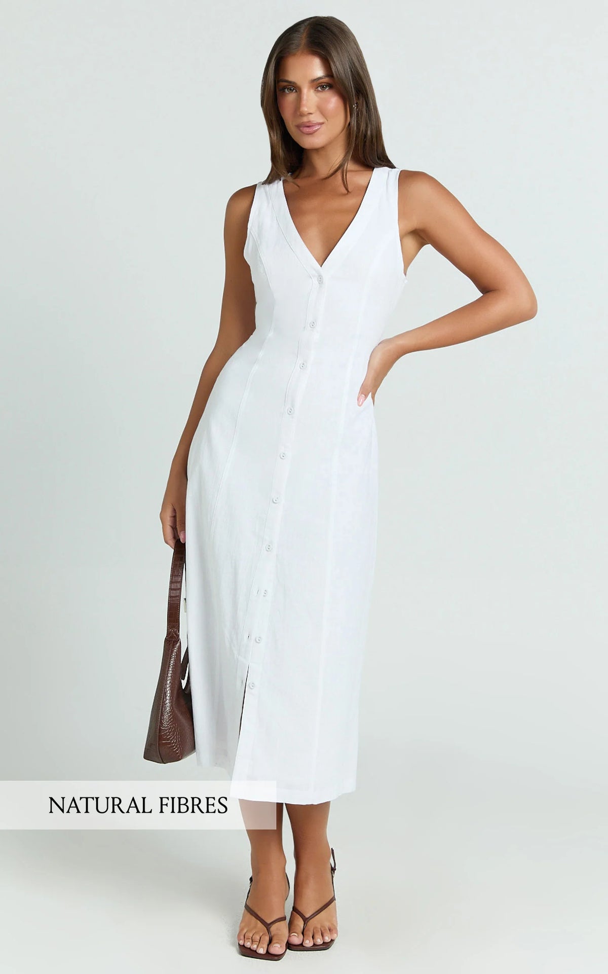 Juliet Midi Dress - Button Through V Neck Dress in White