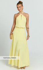 Violetta Maxi Dress - Backless Linen Look Hater Neck Dress in Lemon