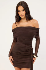 Luck & Trouble Elyse Recycle Off Shoulder Long Sleeve Mini Dress Chocolate