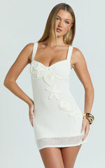 Silvena Mini Dress - Sheer Crochet Knit With Crochet Seashells Dress in Off White
