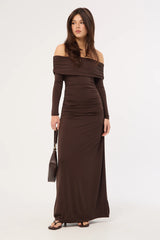 Perfect Stranger Rosetta Off Shoulder Long Sleeve Maxi Dress Ash Brown