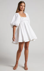 Amalie The Label - Hamyya Linen Tie Back Puff Sleeve Mini Linen Dress - In White