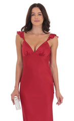 Satin Ruffle Open Maxi Dress in Red