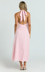 Beata Midi Dress - Plunge Halter A Line Dress in Pink