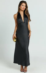 Aiyana Midi Dress - Halter Neck Satin Dress in Black