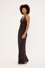 Luck & Trouble Rietta Lace Halter Maxi Dress Dark Brown