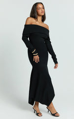 Karina Midi Dress - Long Sleeve Folded Off Shoulder Asymmetric Dress in Black