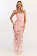 Lima Maxi Dress - Strapless Floral Embellished Column Dress in Pink