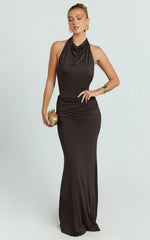 Lizzy Maxi Dress - Backless Ruched Bodycon Dress in Chocolate