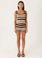 Helia Knit Mini Shorts - Chocolate Olive Stripe