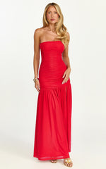Marguerite Maxi Dress - Strapless Ruched Mesh High Leg Split Dress in Red