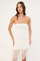 Luck & Trouble Malia Polka Strapless Asymmetrical Midi Dress White