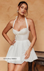 Jaclyn Mini Dress - Embroidered Sweetheart Halter Fit And Flare Full Skirt Dress in White