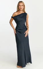 Lira Maxi Dress - One Shoulder Satin Dress in Navy