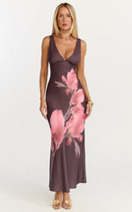 Elowen Midi Dress - Deep V Neck Satin Dress in Floral Print