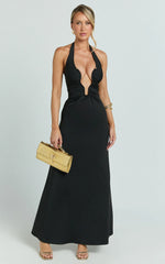 Denise Maxi Dress - Halter U Ruched Neck Cut Out Jersey Dress in Black