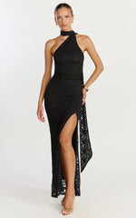 Isla Maxi Dress - One Shoulder Scarf Tie Neck Lace Dress in Black