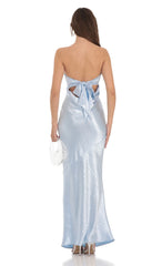 Strapless Satin Open Back Maxi Dress in Light Blue