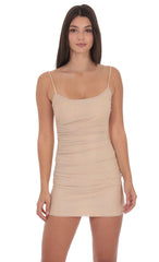 Rhinestone Open Back Bodycon Dress in Beige