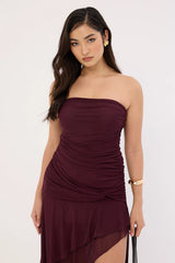 Luck & Trouble Malia Strapless Asymmetrical Midi Dress Plum