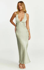 Khalani Maxi Dress - Deep V Neck Satin Slip Dress in Light Olive