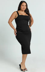 Tiffy Midi Dress - Square Neck Ruched Bodycon Dress in Black