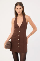 Perfect Stranger Halter Suiting Vest Mini Dress Brown