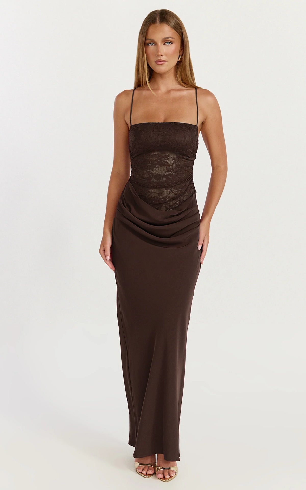 Rania Maxi Dress - Contrast Lace Bodice Bias Cowl Drop Waist Dress in Chocolate