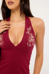 Motel Hepzhi Mini Dress Burgundy Floral Embroidery