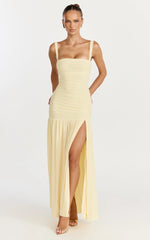 Cardi Maxi Dress - Ruched Mesh High Leg Split Dress in Lemon