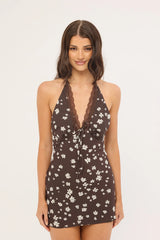 Luck & Trouble Honeybloom Halter Mini Dress Brown