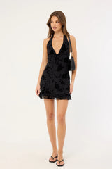 Motel Motya Halterneck Mini Dress Floral Rose Flocked Black
