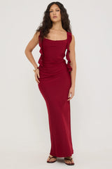 Luck & Trouble Slight Cowl Ruffle Maxi Dress Wine