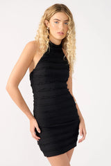 Perfect Stranger Frilly Astra Stretch Halter Mini Dress Black